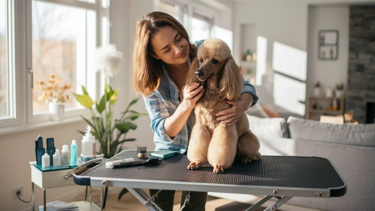A heartwarming photo of a female poodle owner in h nxBOrV35RuGzdyBScymoMQ rxACKL7XSBKGxImV fCatg