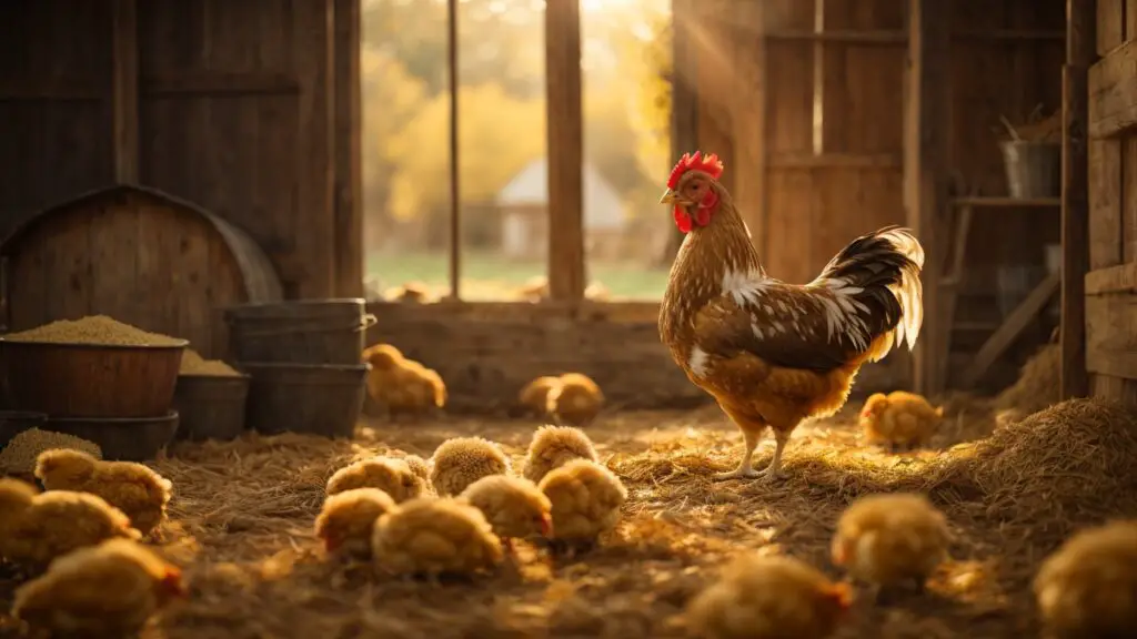 chicken coop with chicks around a chicken