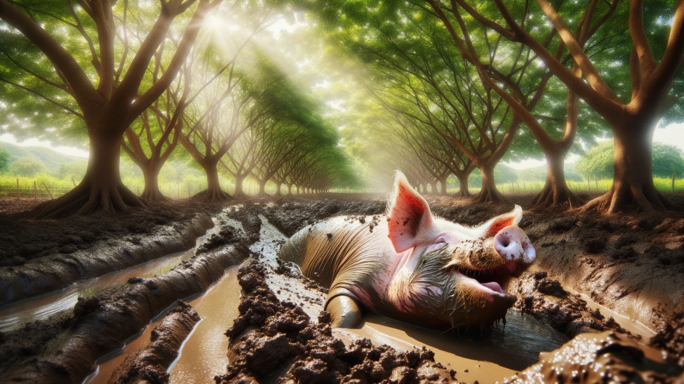 pig sun bathing in mud