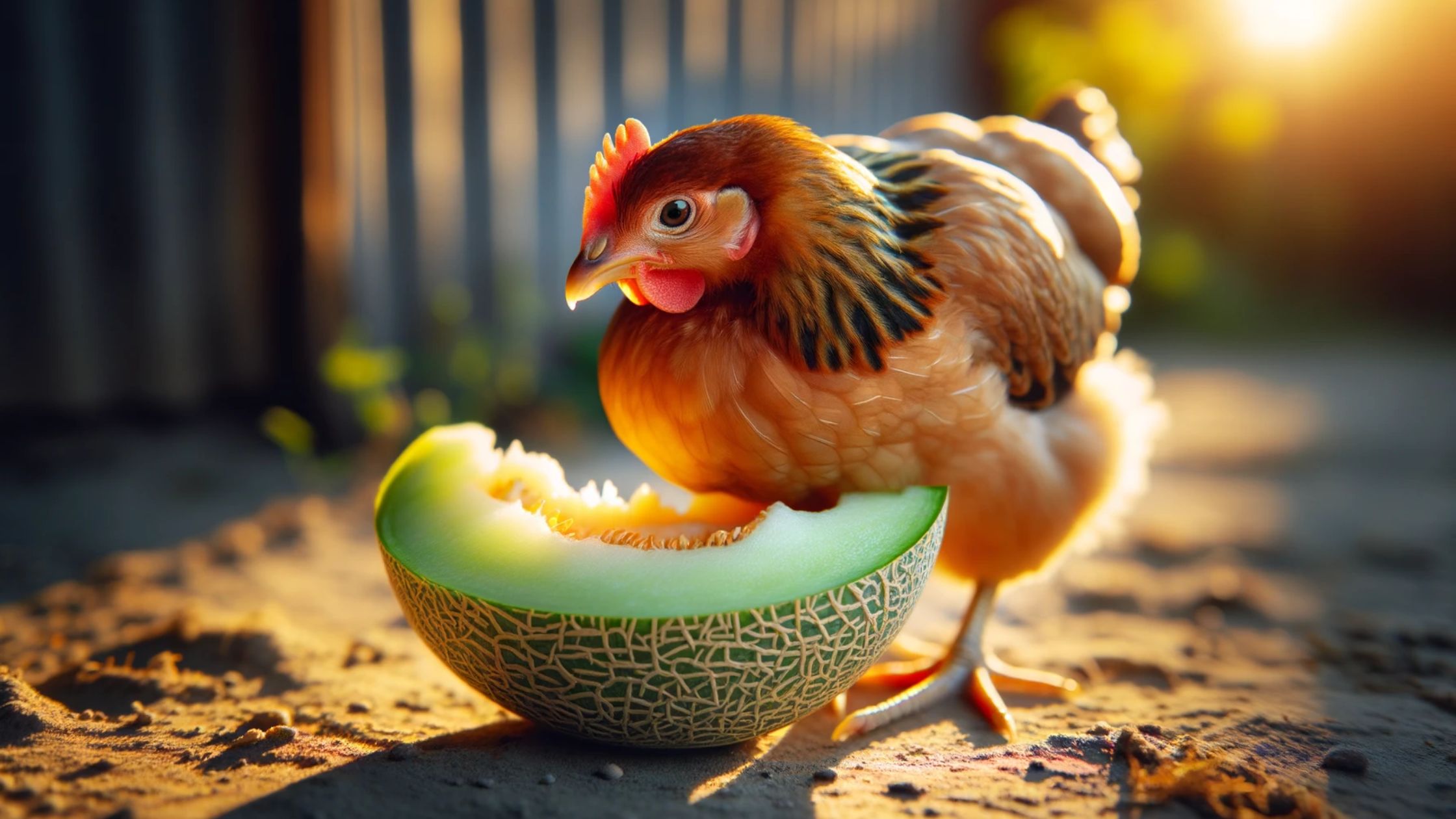 small chicken eating melon