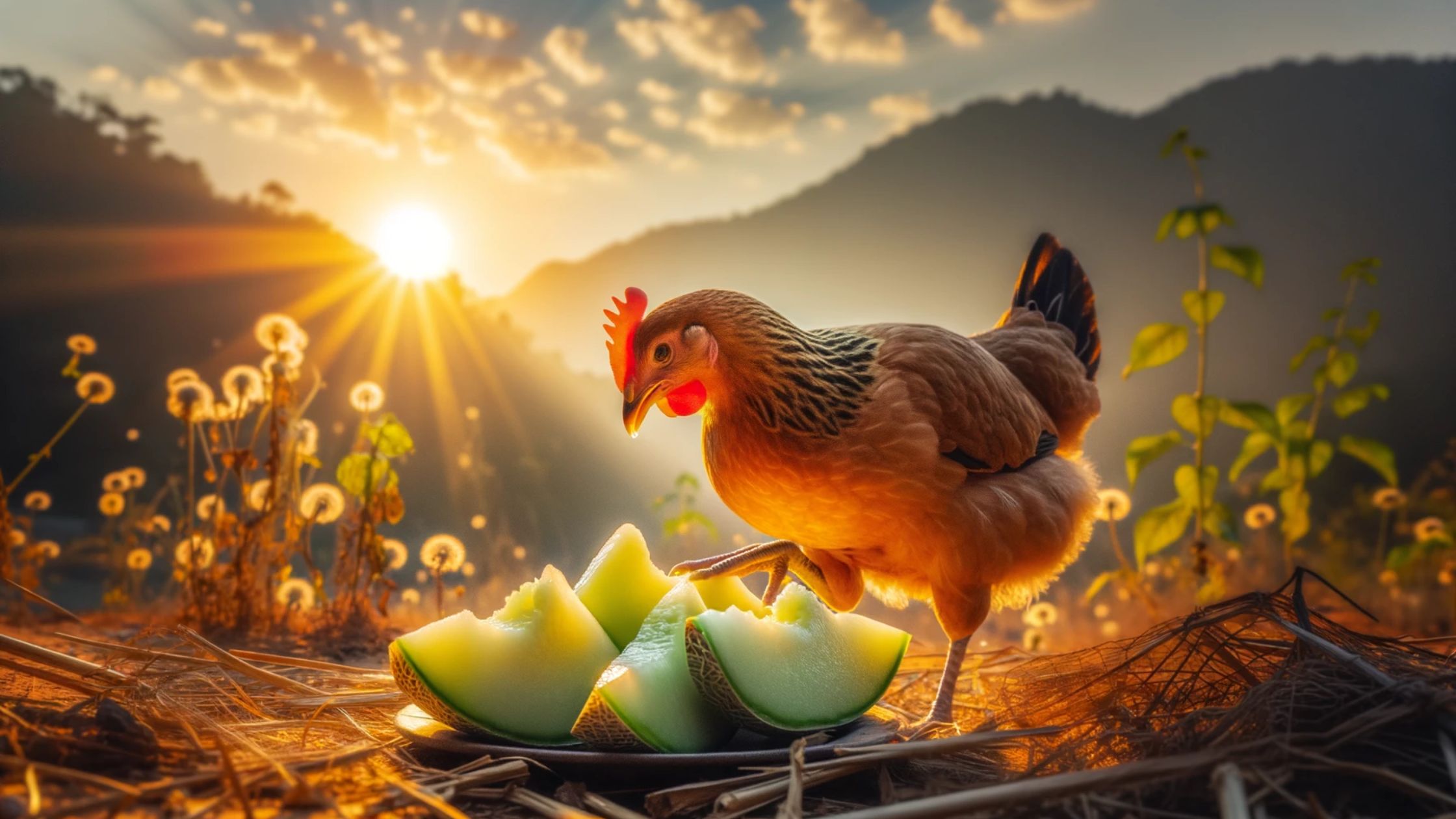 Chicken Eating Melon evening in mountain