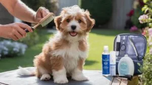 A photo of a cavachon puppy sitting happily in an hJ2e