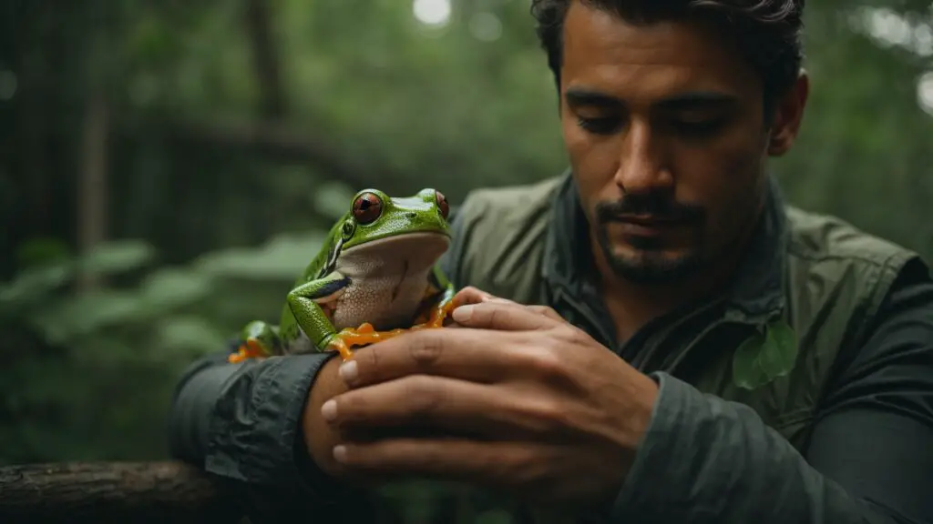 nature rescuer holding a tree frog