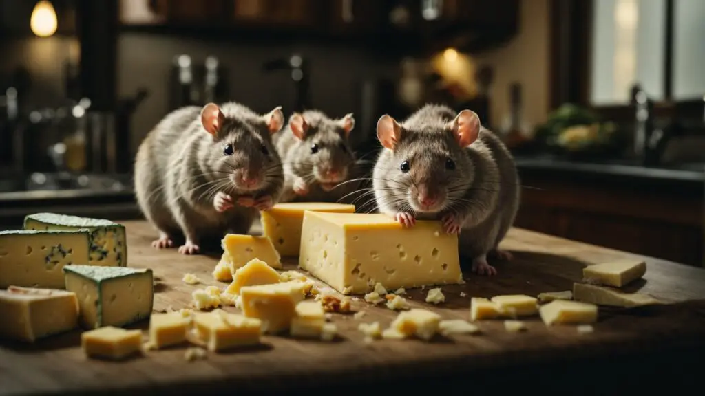 cheesy rats enjoying in a dark kitchen