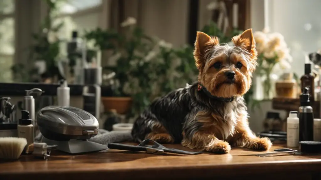 A Yorkshire Terrier getting a DIY hair cut at home with grooming tools around, highlighting a calm and cooperative grooming session.