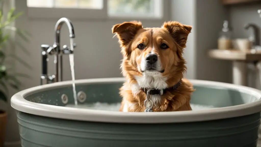 Close-up view of a dog wash tub showing slip-resistant surface, efficient drainage, and a multifunctional faucet.
