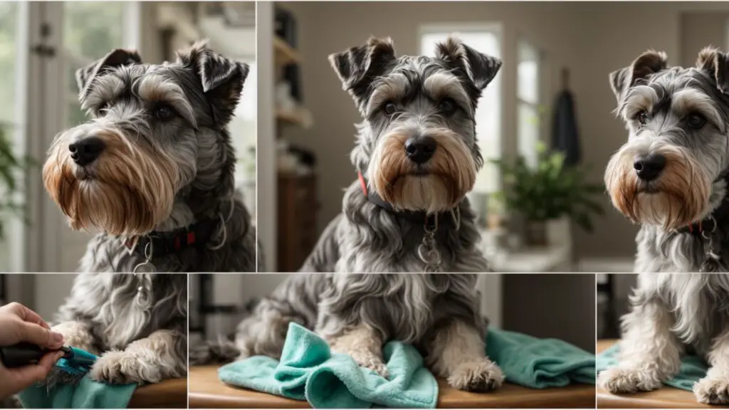 Collage of various coat care activities for a Schnauzer, including brushing, washing, and trimming, emphasizing the importance of coat maintenance.