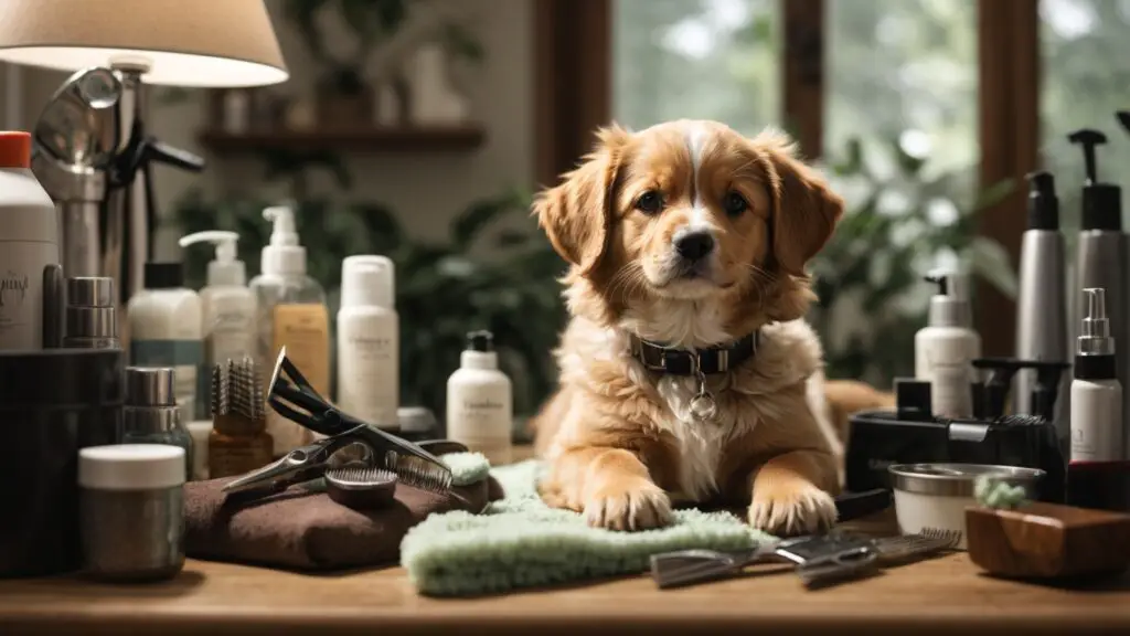 Home grooming scene with a puppy receiving a haircut, showcasing grooming tools like clippers, scissors, and brushes.
