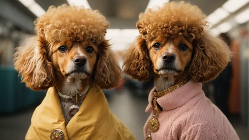 Side-by-side comparison of poodles with haircuts inspired by iconic human hairstyles, highlighting the influence of human fashion on poodle grooming.