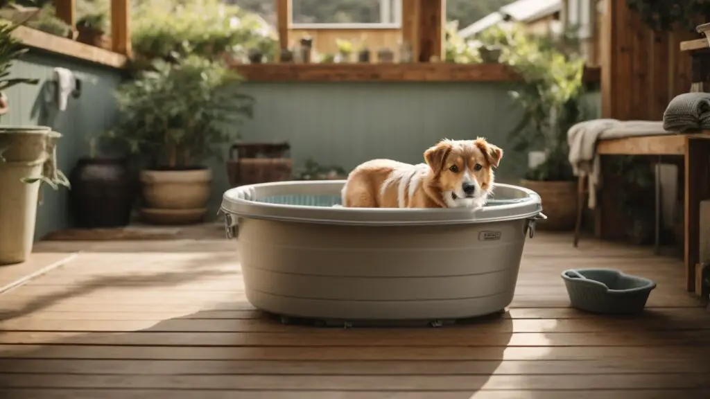 Compact and foldable portable dog wash tub in a home backyard, illustrating convenience and user-friendliness.