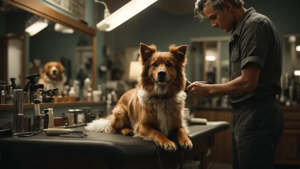Dog showing signs of aggression and discomfort during grooming, with a patient groomer approaching.