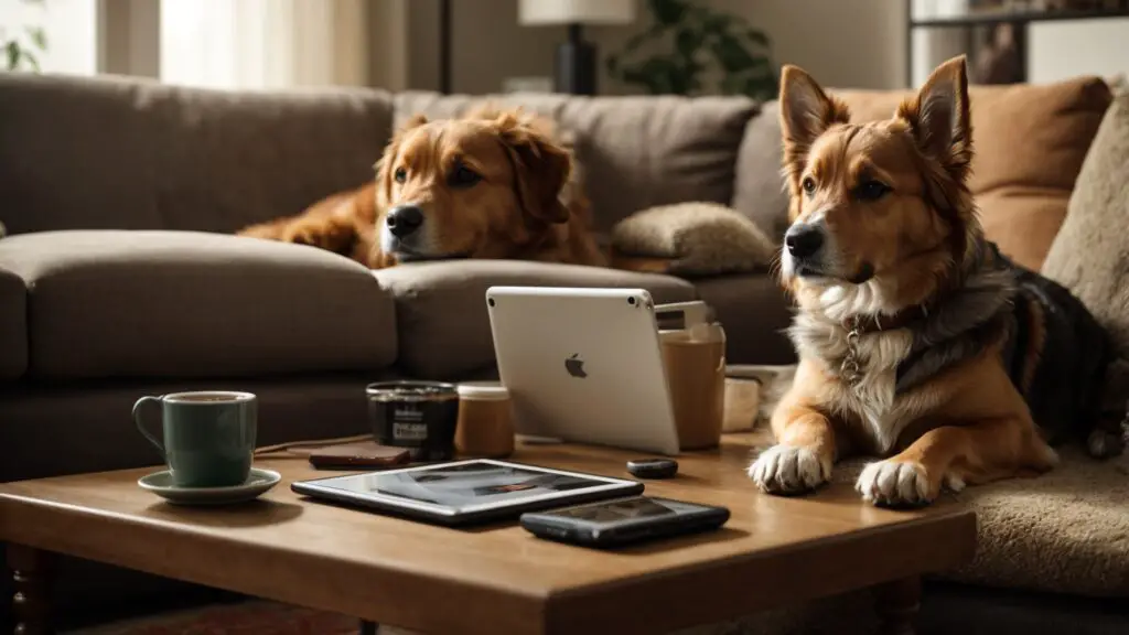 Dog owner reading a testimonial on a tablet with their dog beside them in a cozy living room.