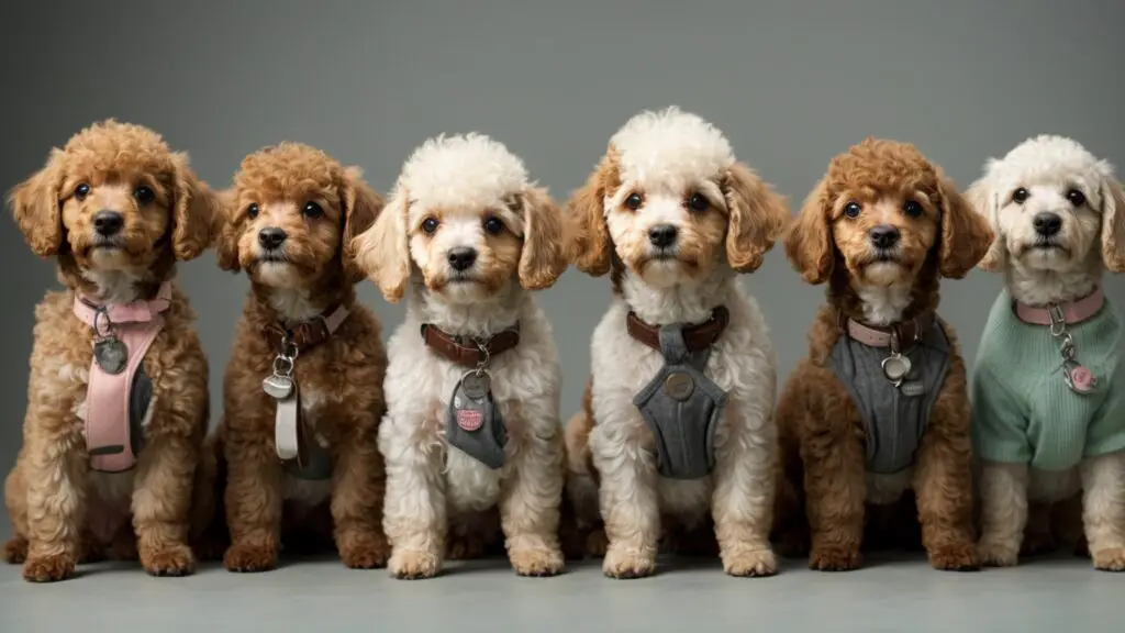 A variety of Mini Poodles with labeled popular haircuts, showcasing diverse and fashionable styles.