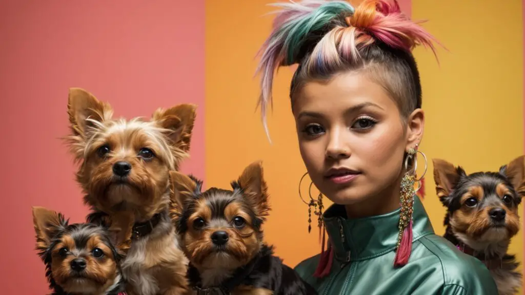 A collage of Yorkies with creative hair cuts like the Modern Mohawk and Braided Top Knot, set against a vibrant and colorful background.
