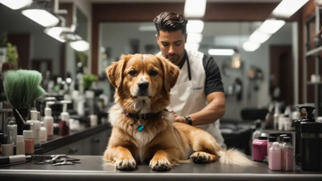 A professional groomer in a tidy salon gently holding a dog's paw for nail trimming, with grooming tools in the background.
