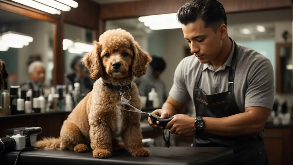 Professional groomer carefully shaping a Mini Poodle's hair on a grooming table, in a well-equipped grooming salon.