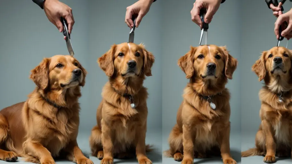 Collage depicting various stages of dog trimming, from brushing to final styling.