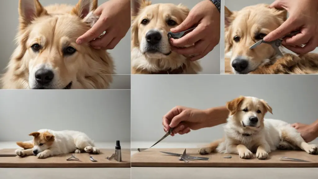 An infographic showing steps for safely trimming a dog's nails, including preparation, positioning clippers, and cutting.