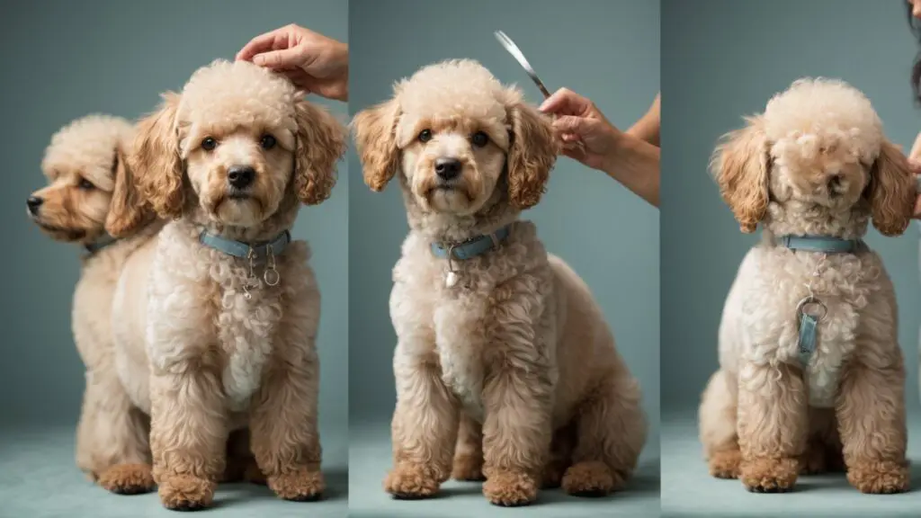Step-by-step visual representation of a poodle receiving a teddy bear hair cut, showcasing each stage of the grooming process.