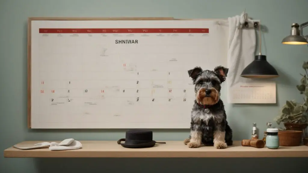 A calendar with grooming dates marked every 4-6 weeks, featuring cute Schnauzer icons to signify regular grooming sessions.