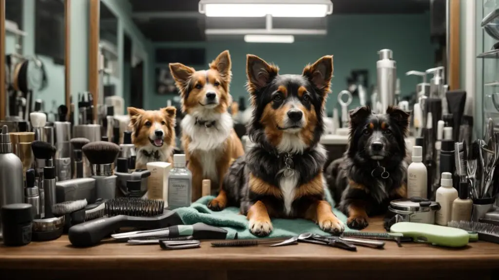 Organized grooming station with a variety of dog grooming tools on a table, ready for use.
