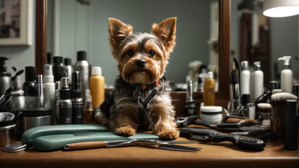 Grooming tools on a table with a Yorkshire Terrier in the background, showcasing essential items for Yorkie grooming.