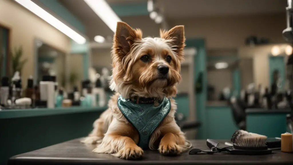 Stylishly groomed dog with intricate haircut and color highlights, representing advanced grooming techniques.