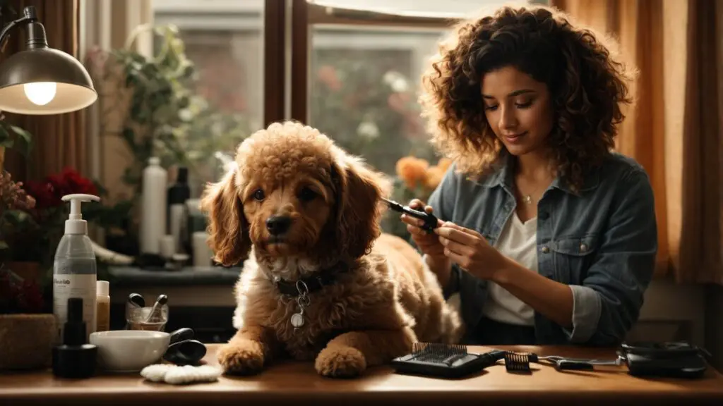 Pet owner at home gently brushing their Mini Poodle, with grooming tools arranged nearby, depicting DIY grooming techniques.