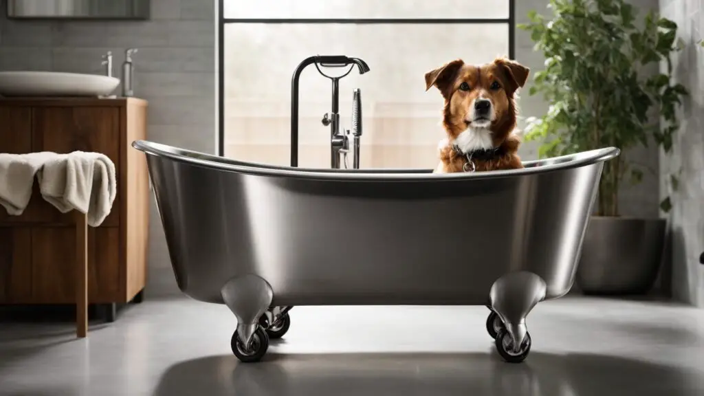 Shiny stainless steel dog grooming tub in a professional setting, highlighting its durability and ease of maintenance.