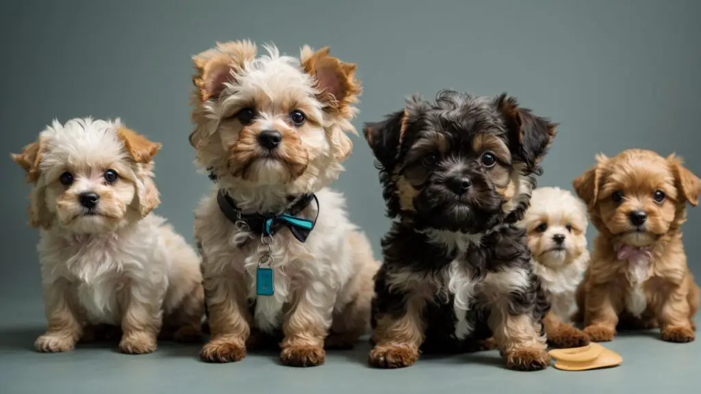 Illustrated guide to various puppy haircut styles, including a Poodle with a teddy bear cut, a Shih Tzu with a puppy clip, and a Yorkie with a modern trim.