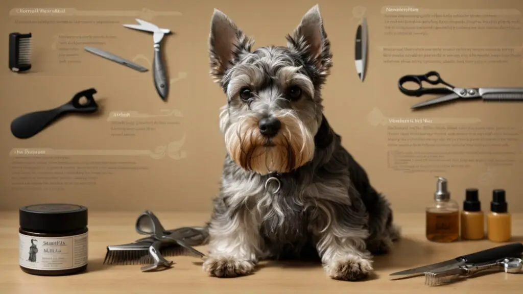 Infographic detailing basic grooming tools and techniques for Miniature Schnauzers, highlighting key areas like the beard and eyebrows.