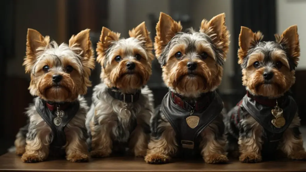Close-up of Yorkies with different haircuts including teddy bear cut, schnauzer trim, and puppy cut, highlighting the variety of styles.