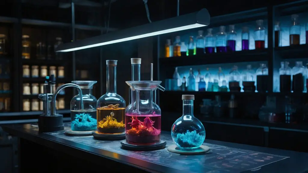 Modern alchemy lab with a holographic display of Swelling Solution ingredients, blending ancient magic and futuristic technology.