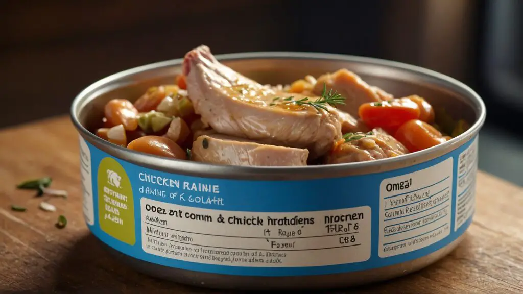 Nutrient illustrations surrounding a bowl of canned chicken, emphasizing its nutritional value for cats.