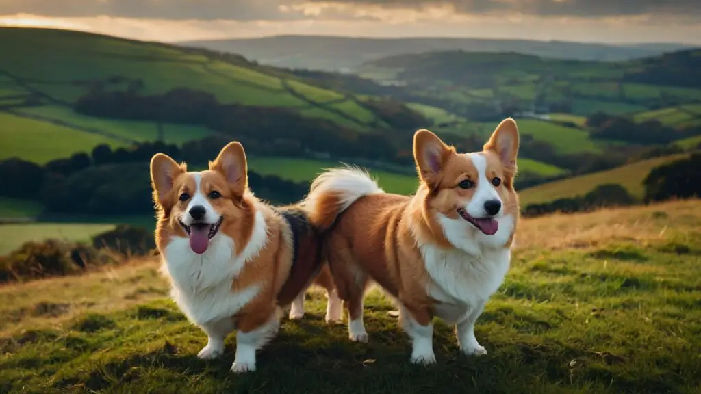 Illustration of a Pembroke and Cardigan Welsh Corgi against a Welsh countryside backdrop, showcasing their differences.