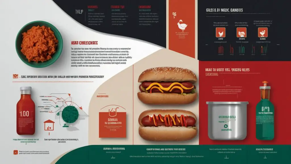 Infographic detailing the health risks of feeding hotdogs to chickens, with visual icons for meats, fillers, and preservatives.