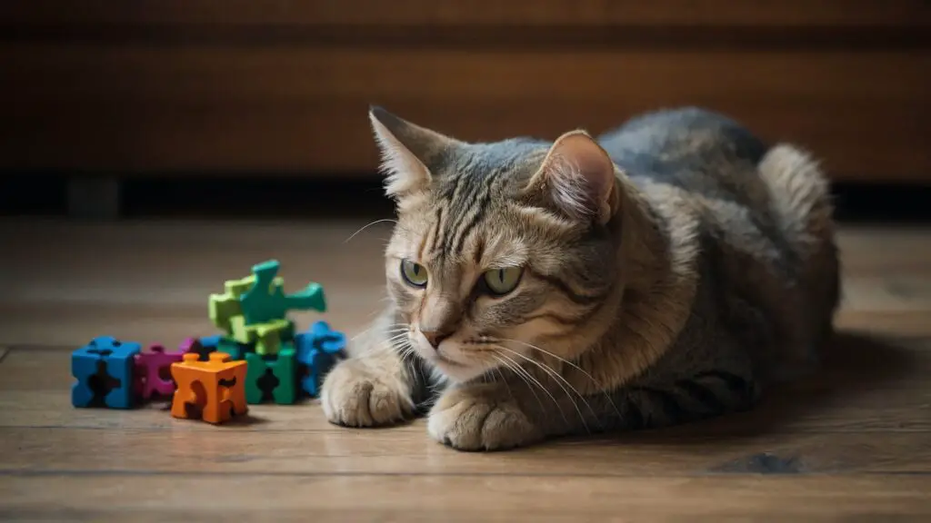 Concerned cat sitting next to a puzzle toy, looking perplexed and anxious, symbolizing behavioral changes linked to health concerns in a comforting home environment.
