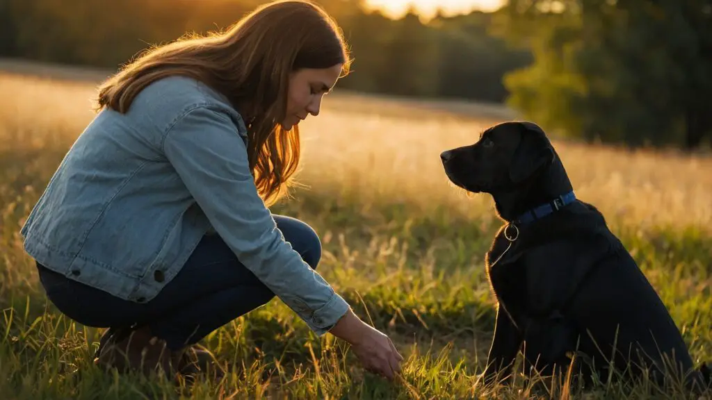 Dog owner adjusting a collar on their Labrador in a field at sunset, emphasizing the importance of proper collar fitting.