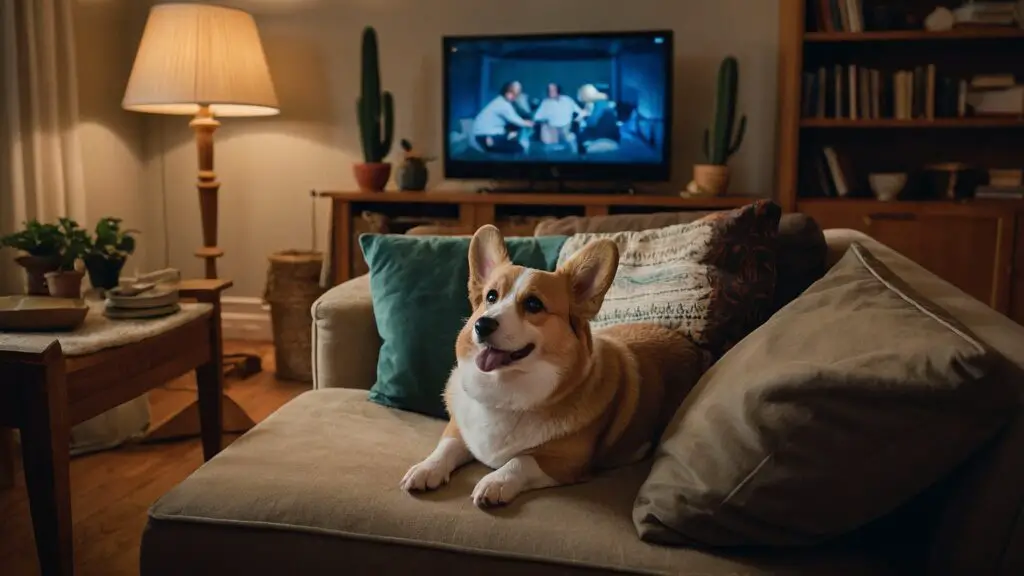 A Corgi cozying up with a family during movie night, illustrating the breed's suitability as a family dog.