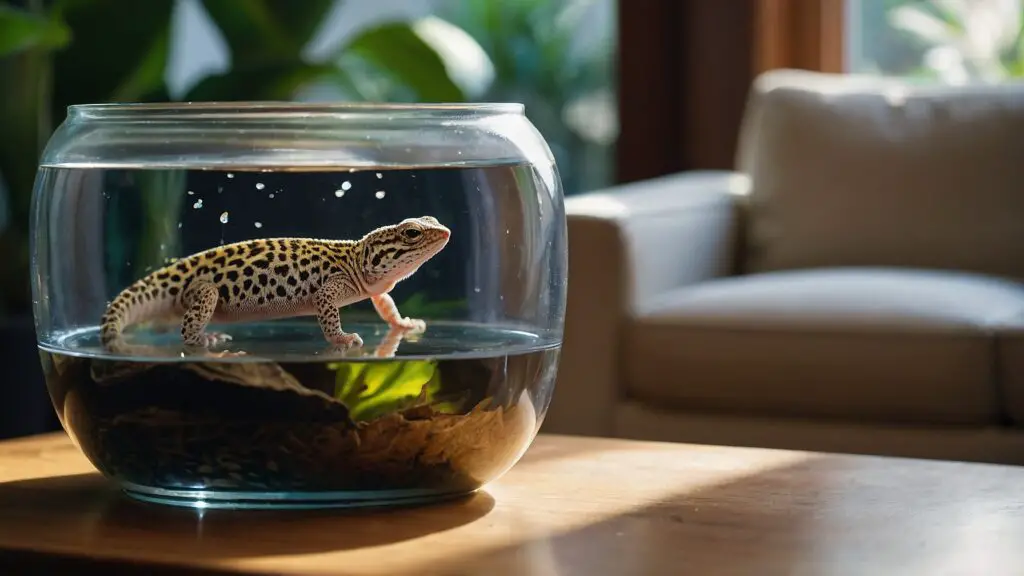 A leopard gecko curiously peering over the edge of a shallow water bowl in a cozy home setting, exploring its aquatic abilities.