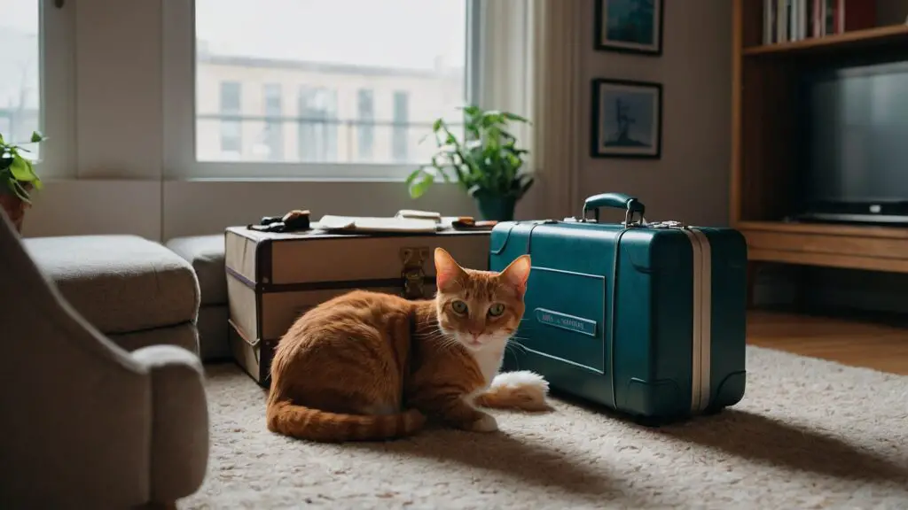 A cat owner preparing two cats for air travel in a living room, with a focus on comfort items and a checklist of travel essentials.