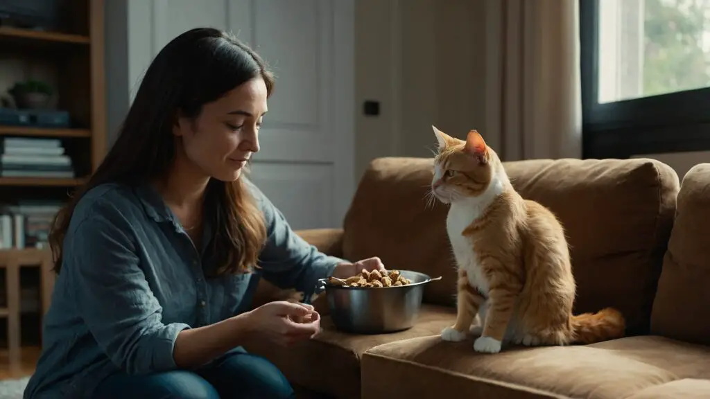 A cat owner offering a treat to their upright sitting cat in a cozy living room, showcasing a warm bond.