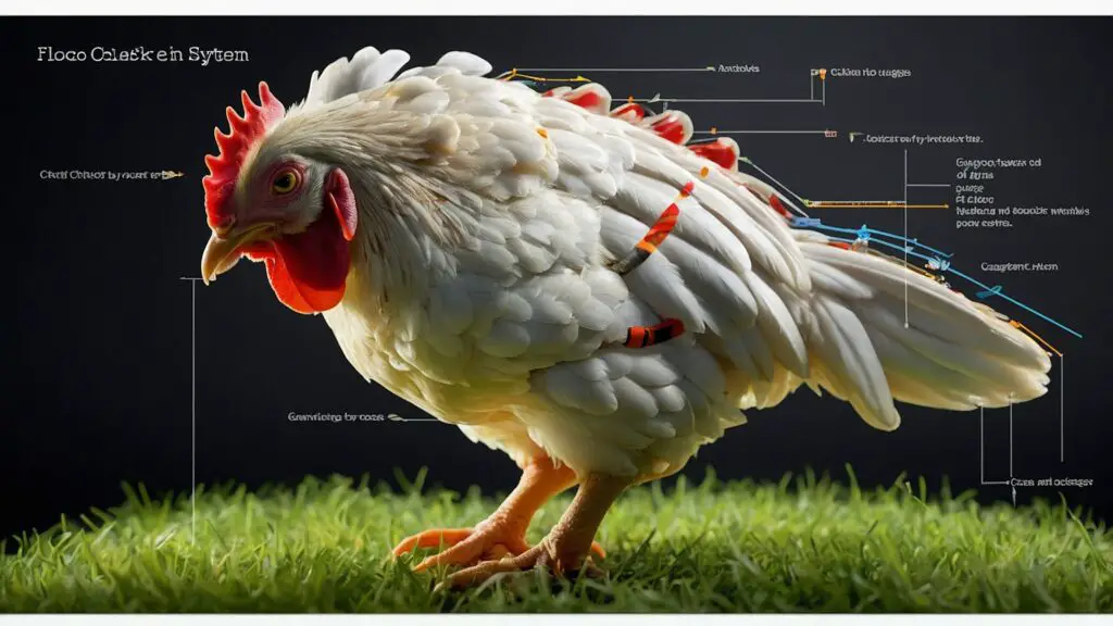 Educational illustration of a chicken's digestive system with annotations, explaining how gas is produced, fostering a deeper understanding of poultry flatulence.