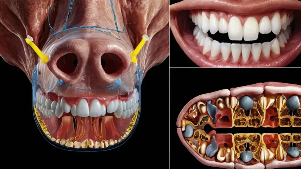 Detailed illustration comparing the oral hygiene and dental structures of a dog, cat, and pig, with annotations highlighting cleanliness and bacterial presence.