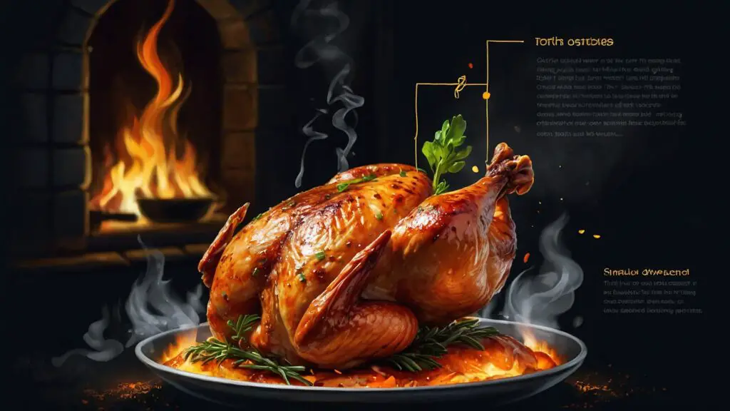 Illustration detailing the process of cooking a rotisserie chicken on a spit over charcoal, highlighting its juiciness and flavor.