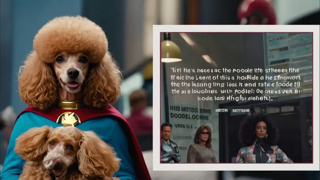 A collage of poodle memes on smartphone screens, featuring humorous situations like a bewildered poodle with a funny haircut and a heroic poodle in a cape.