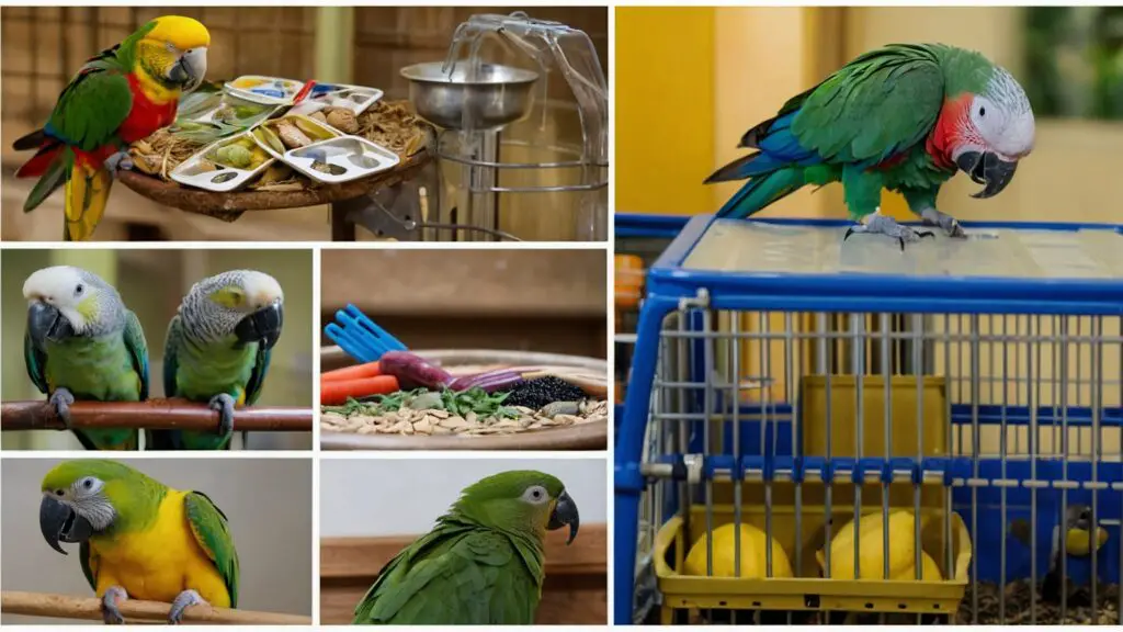Collage of factors affecting Senegal parrot lifespan: diet, mental stimulation, exercise, and veterinary care.