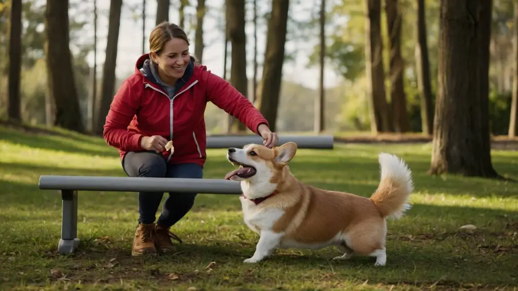 A family training their Corgi with positive reinforcement, emphasizing the importance of family involvement in pet training.