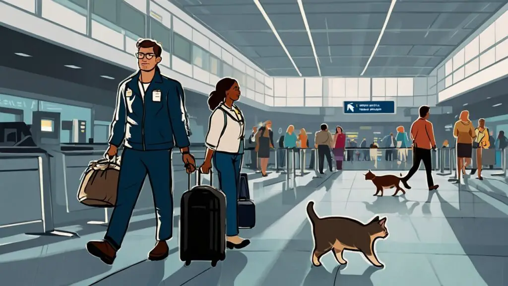 Cats in carriers observing the busy airport environment from a pet's perspective, including a pet-friendly TSA checkpoint.
