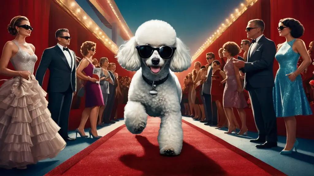 A glamorous poodle on the red carpet, surrounded by paparazzi and fans with signs, showcasing its status as a beloved cultural icon.